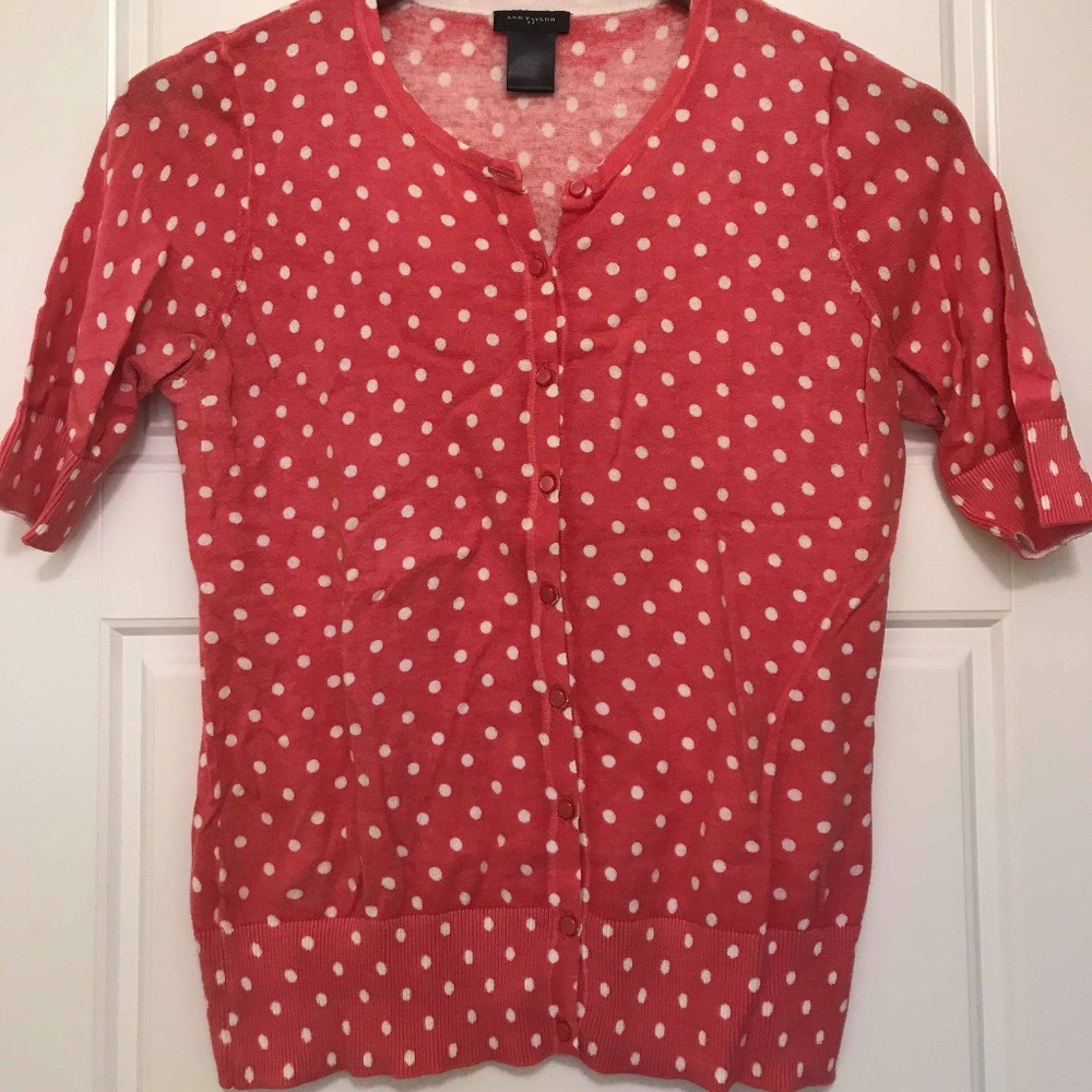 Ann Taylor- short sleeve cardigan with polka dots